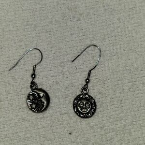 Vintage Handmade Sun and Moon Silver Dangle Pierced earrings